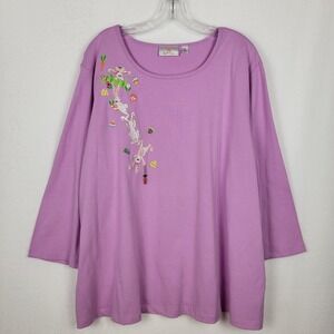 Quacker Factory Easter Bunny Top 3X Lavender Embroidered Beaded Whimsical NWOT